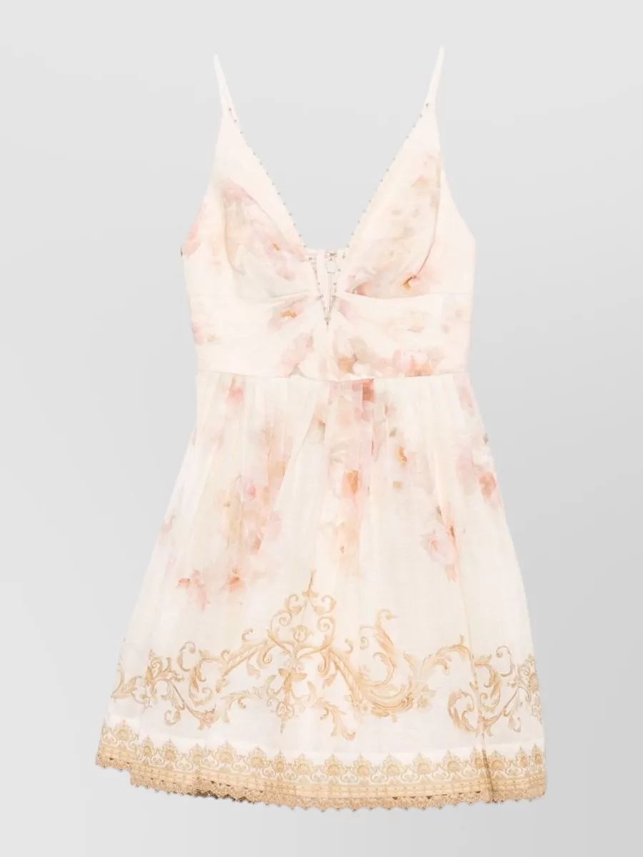 Zimmermann Linen Silk Floral Print V Neck Mini Dress