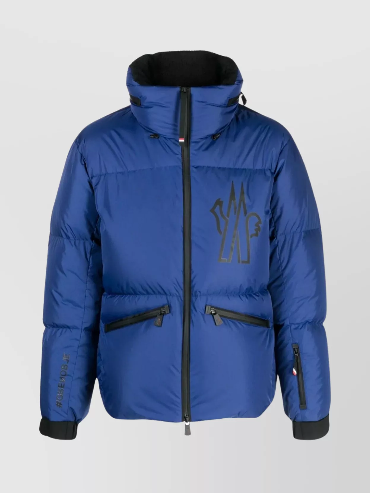 Shop Moncler Printed Down Jacket With Hood And Ski Pass Pocket In Blue