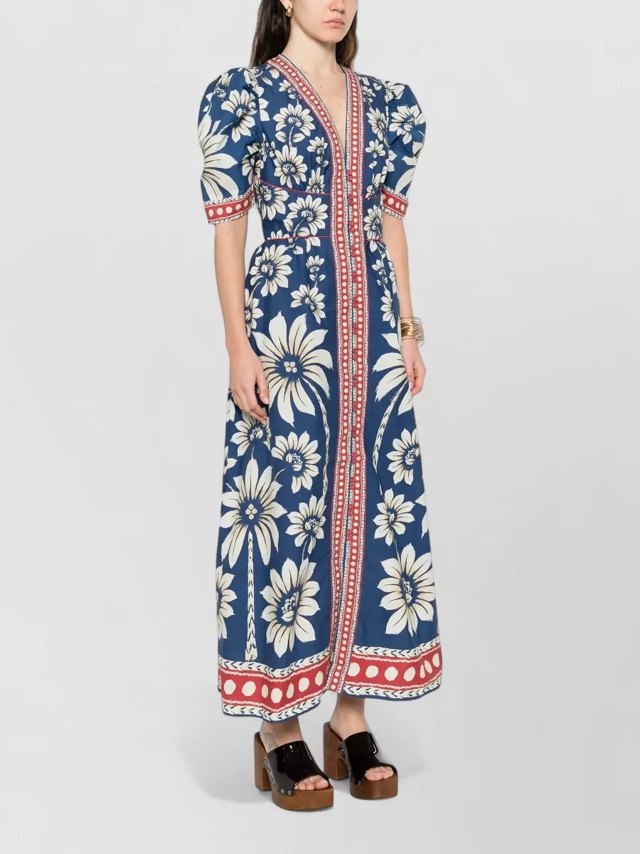 Farm Rio Cotton Floral Print V Neck Short Sleeve Maxi Dress