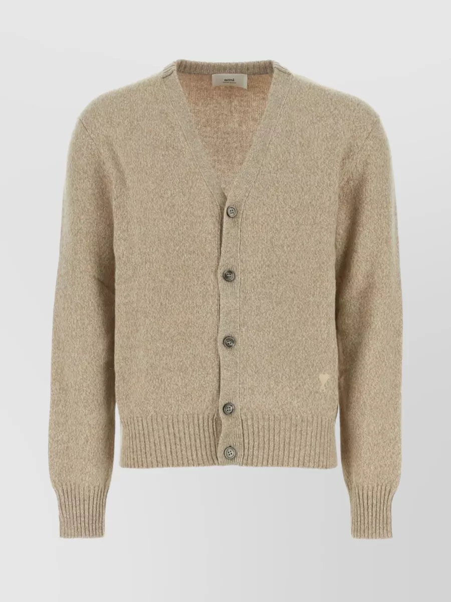 Shop Ami Alexandre Mattiussi Blend V-neck Cardigan In Cashmere And Wool In Brown