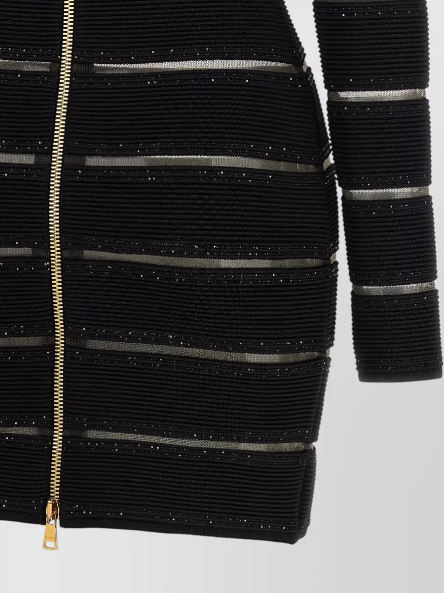 Balmain Sequined Mesh-Insert Long-Sleeve Mini Dress