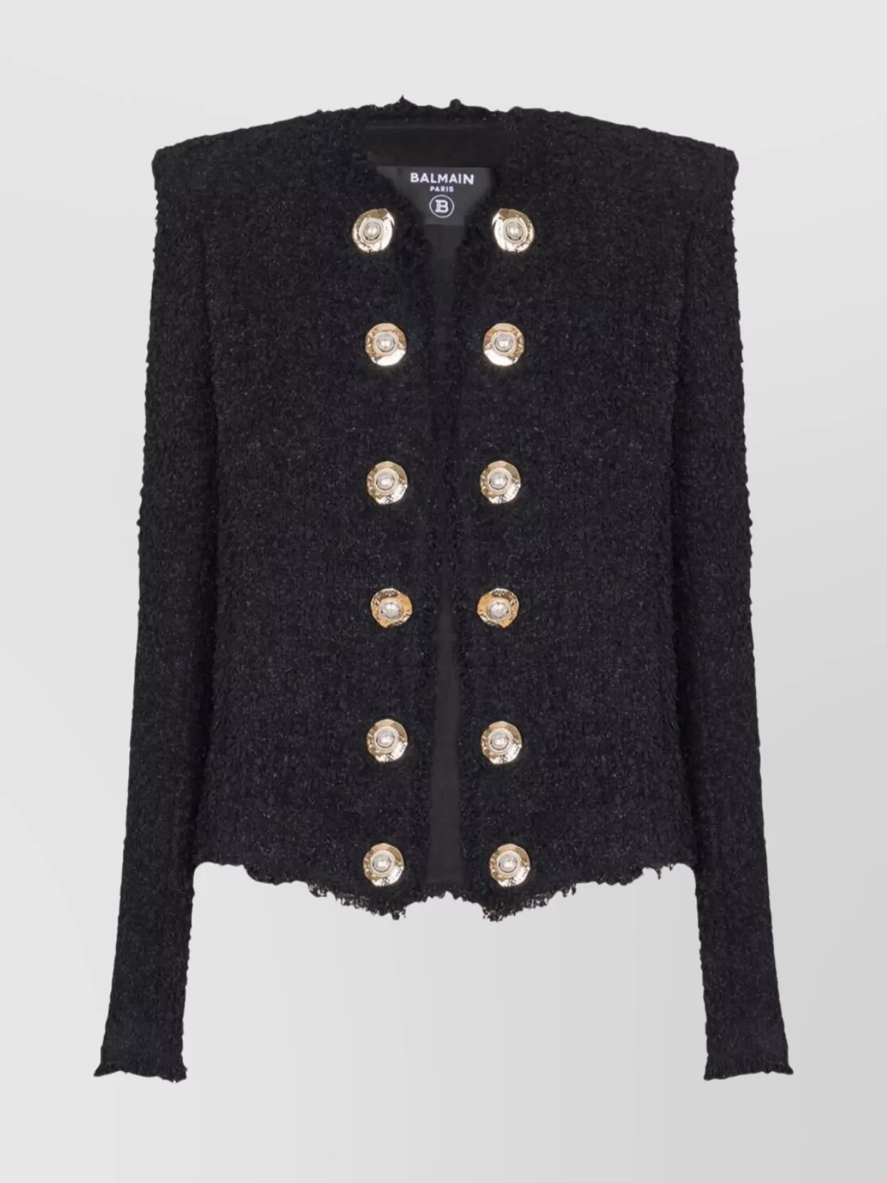 Shop Balmain Tweed Jacket With Frayed Edges And Gold-tone Buttons