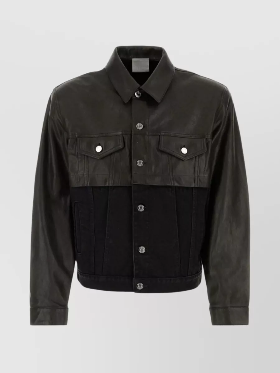 Shop Vtmnts Contrasting Denim And Leather Jacket In Black