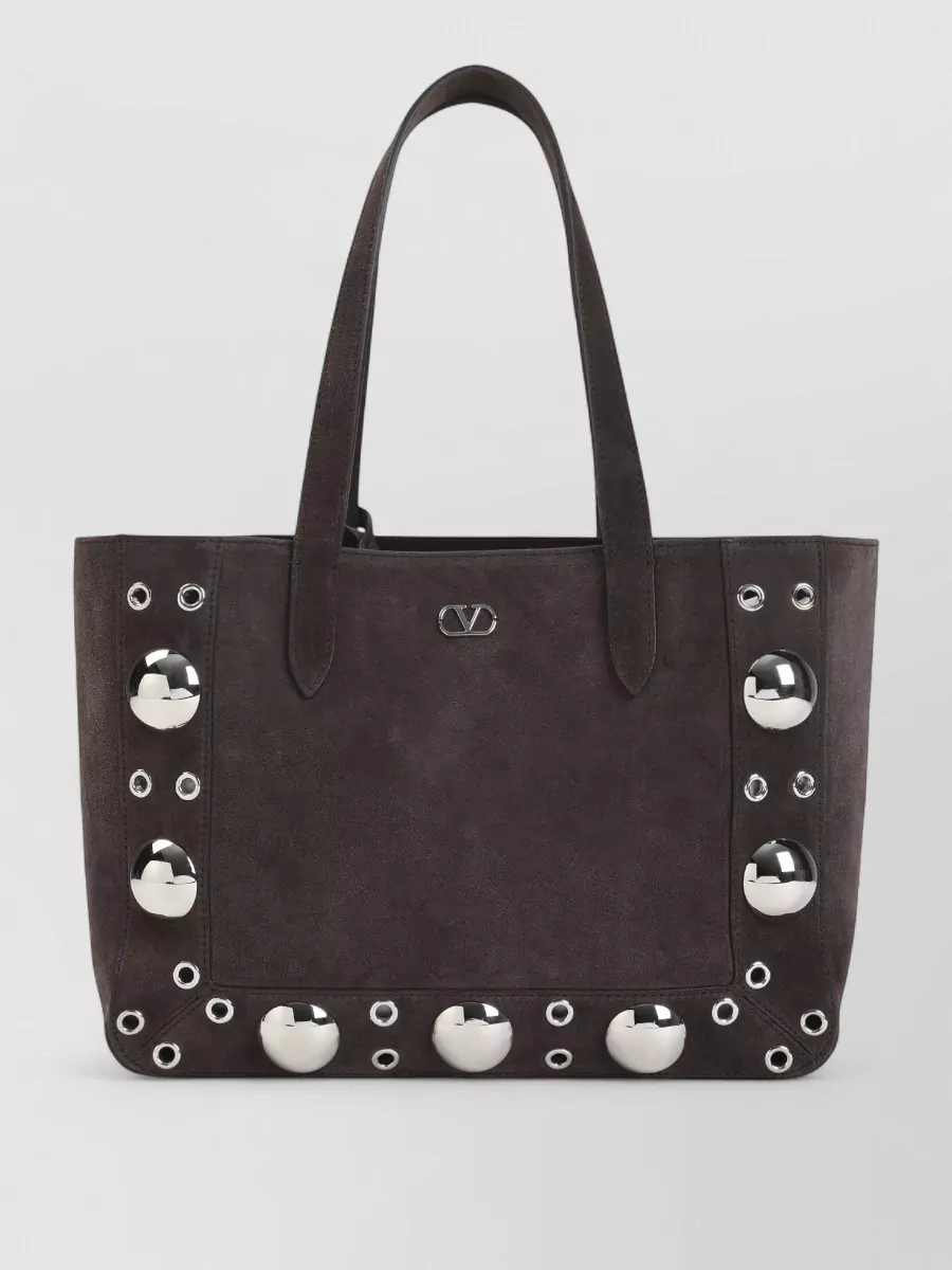 Valentino Garavani Suede Tote Bag Medium Size Studs Dual Handles