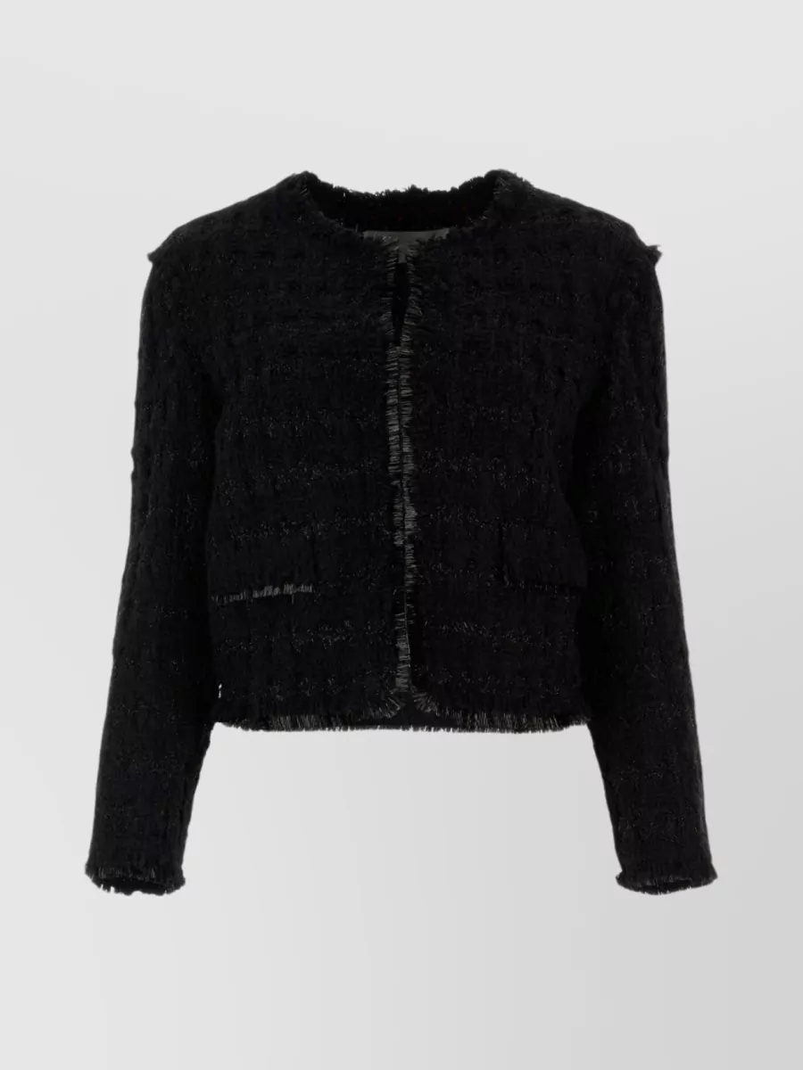 Shop Tory Burch Textured Crop Tweed Jacket With Flap Pockets In Black