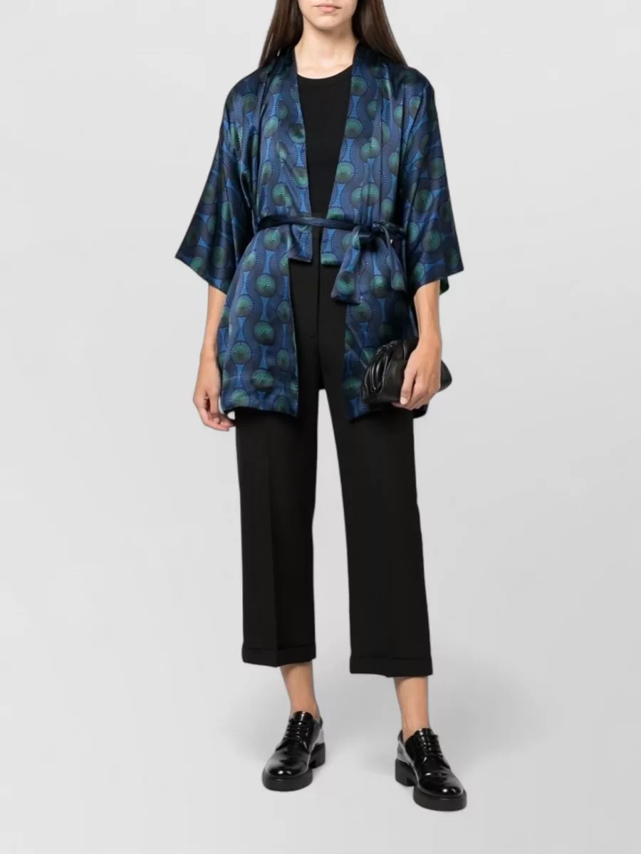 Ozwald Boateng Silk Short-Sleeve Geometric-Print Belted Kimono Jacket