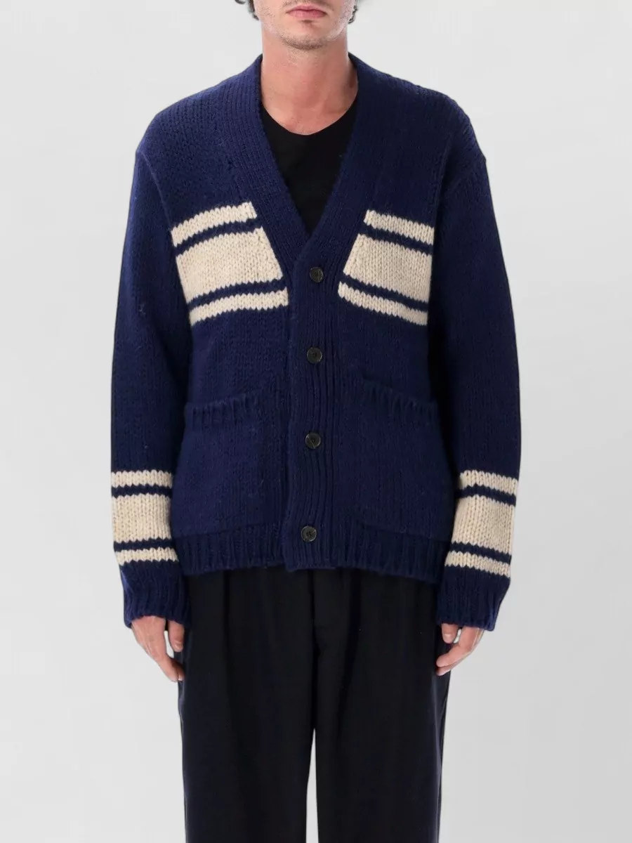 Universal Works wool chunky-knit striped v-neck cardigan