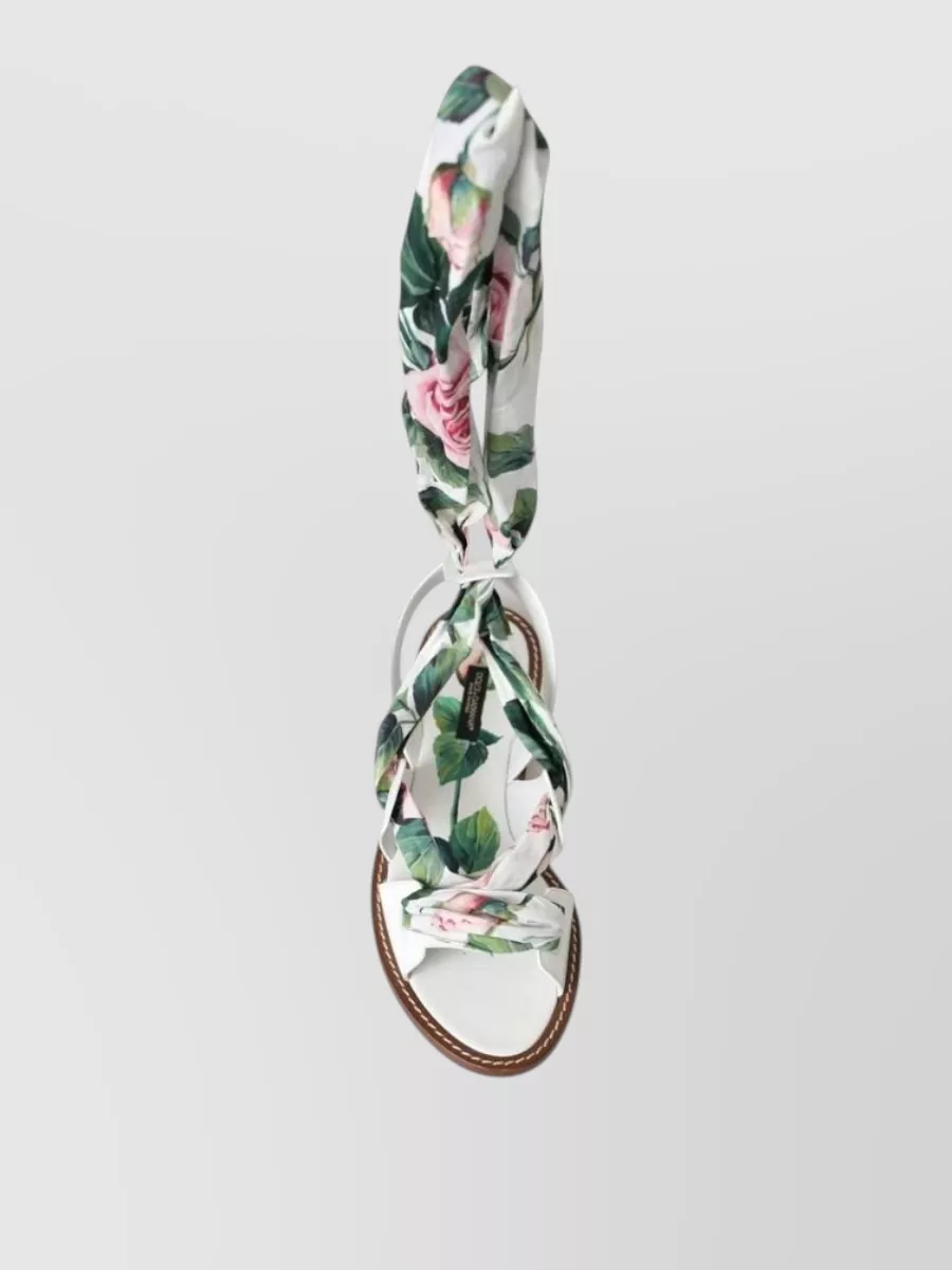 Dolce&Gabbana Leather Floral-Print Ankle-Wrap Sandals