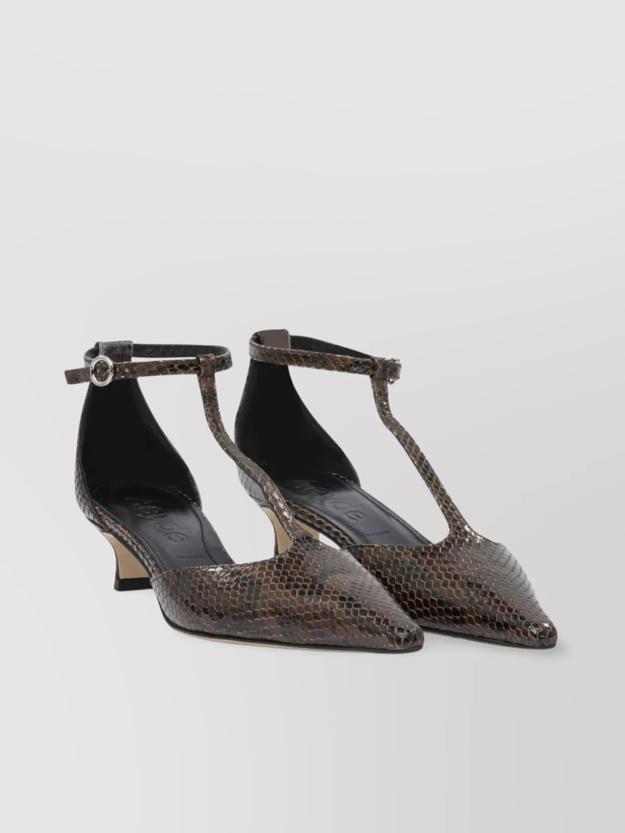 Aeyde Snakeskin T-bar Strap Kitten Heel Pumps