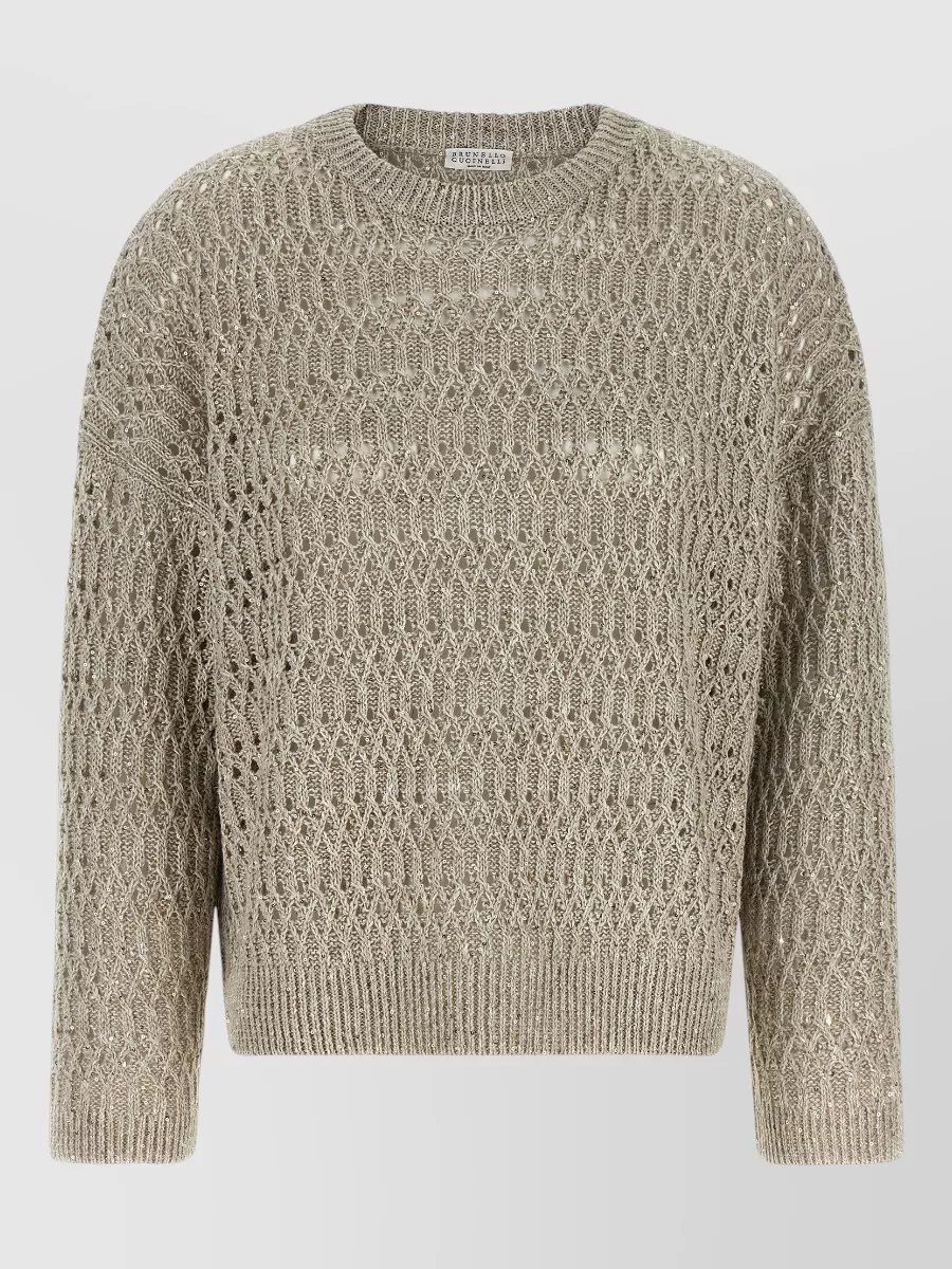 Brunello Cucinelli Openwork Linen-Blend Crew-Neck Long-Sleeve Sweater