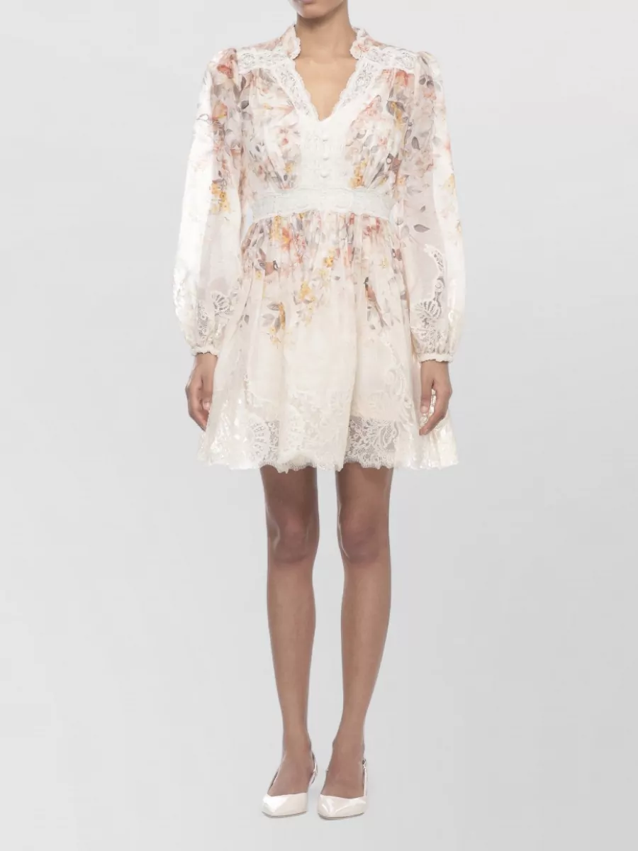 Zimmermann Silk Linen Lace-Trimmed Floral-Print V-Neck Long-Sleeve Mini Dress