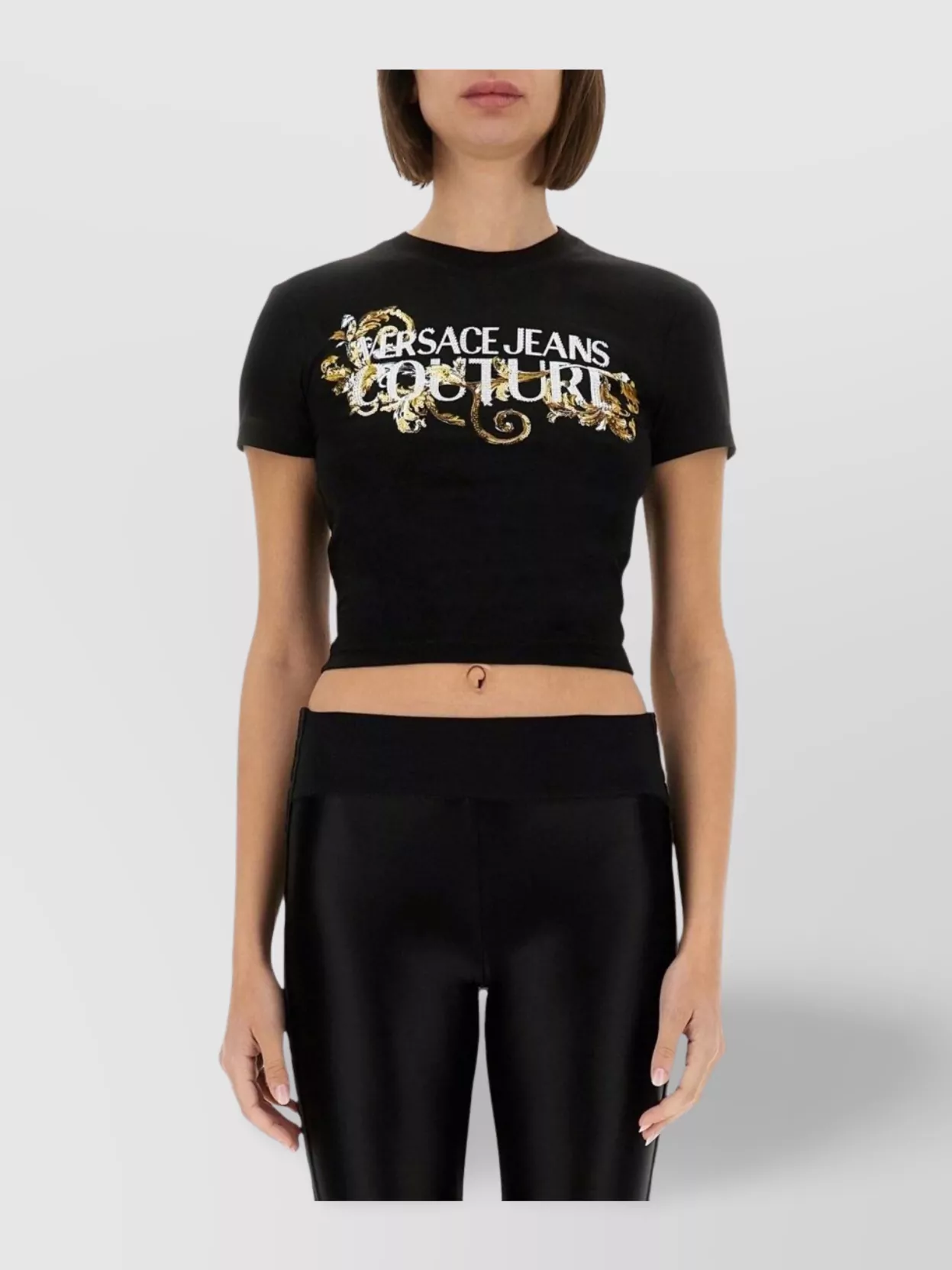 Versace Jeans Couture Crystal Embellished Baroque Outline Cropped T-shirt