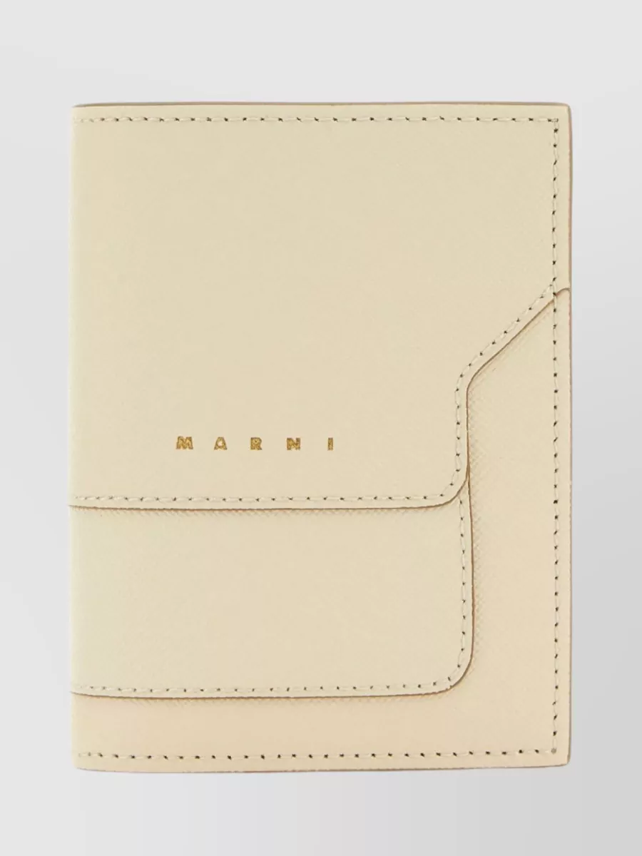 Shop Marni Folded Leather Cardholder With External Slot In Beige
