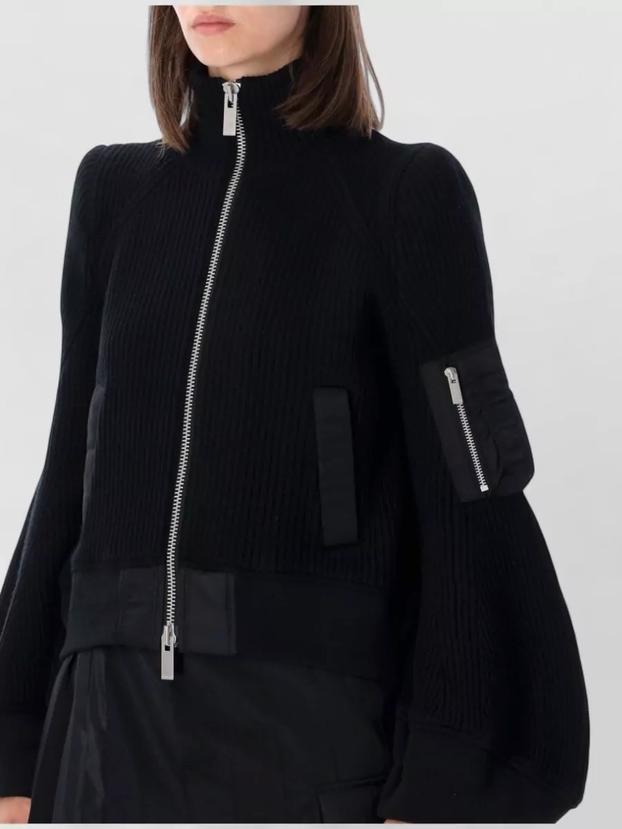 Sacai Wool Ribbed High-Neck Zip Bomber Jacket