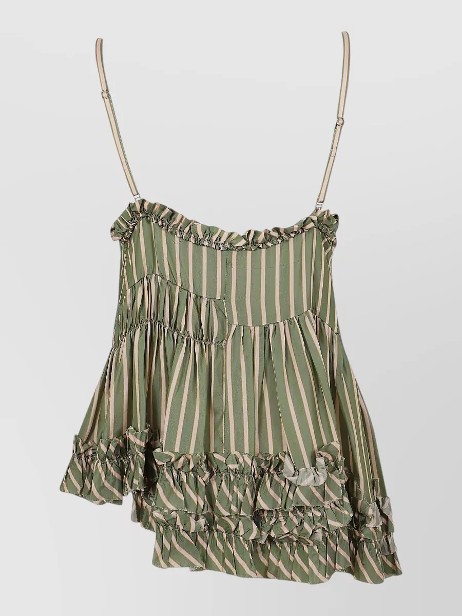 Dries Van Noten Striped Satin Asymmetric Ruffled V-Neck Tank Top