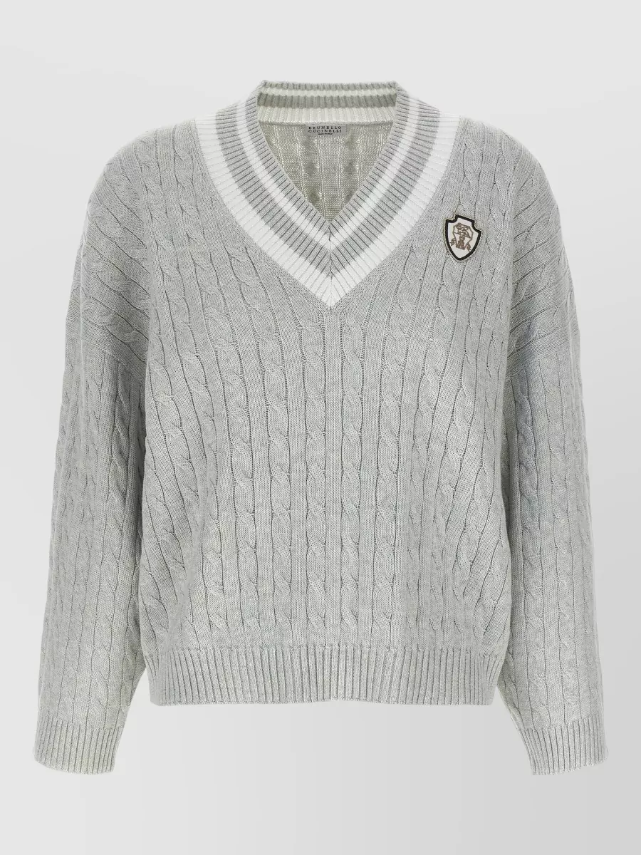 Brunello Cucinelli V Neck Cable Knit Cotton Sweater