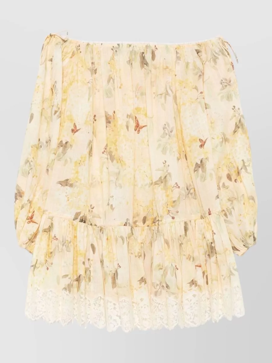 Zimmermann Cotton floral-print off-shoulder long-sleeve tiered mini dress