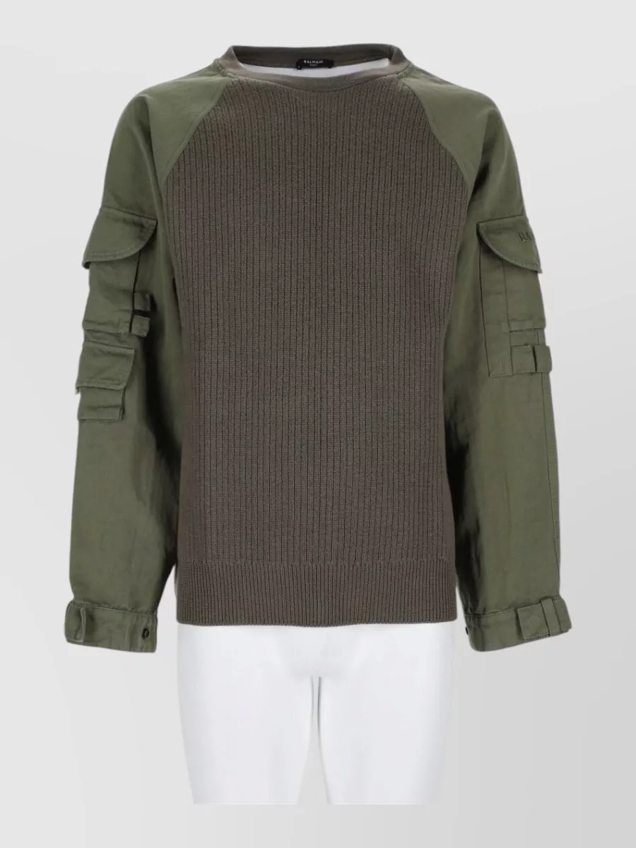 Balmain Cargo-pocket Panelled Sweater In Green