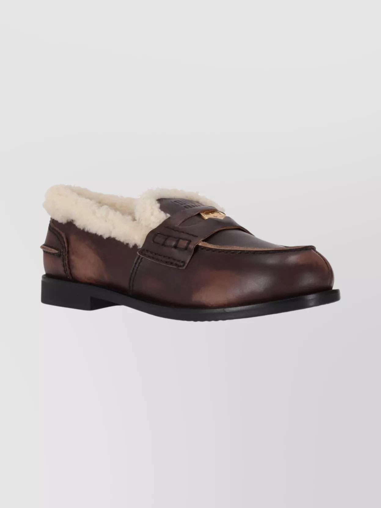 Miu Miu Leather Round Toe Loafers For Winter In Brown