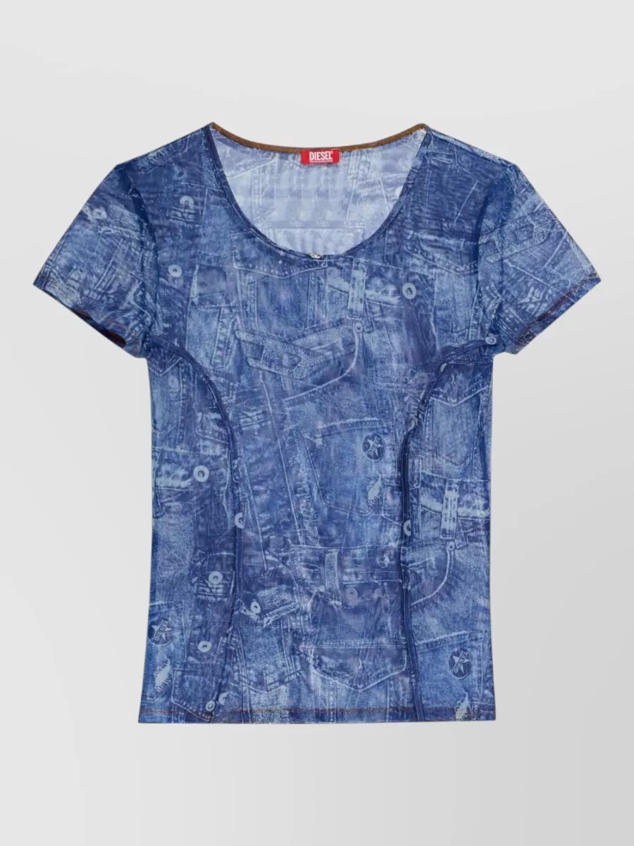 Diesel Sheer Crew Neck Top Denim Print In Blue