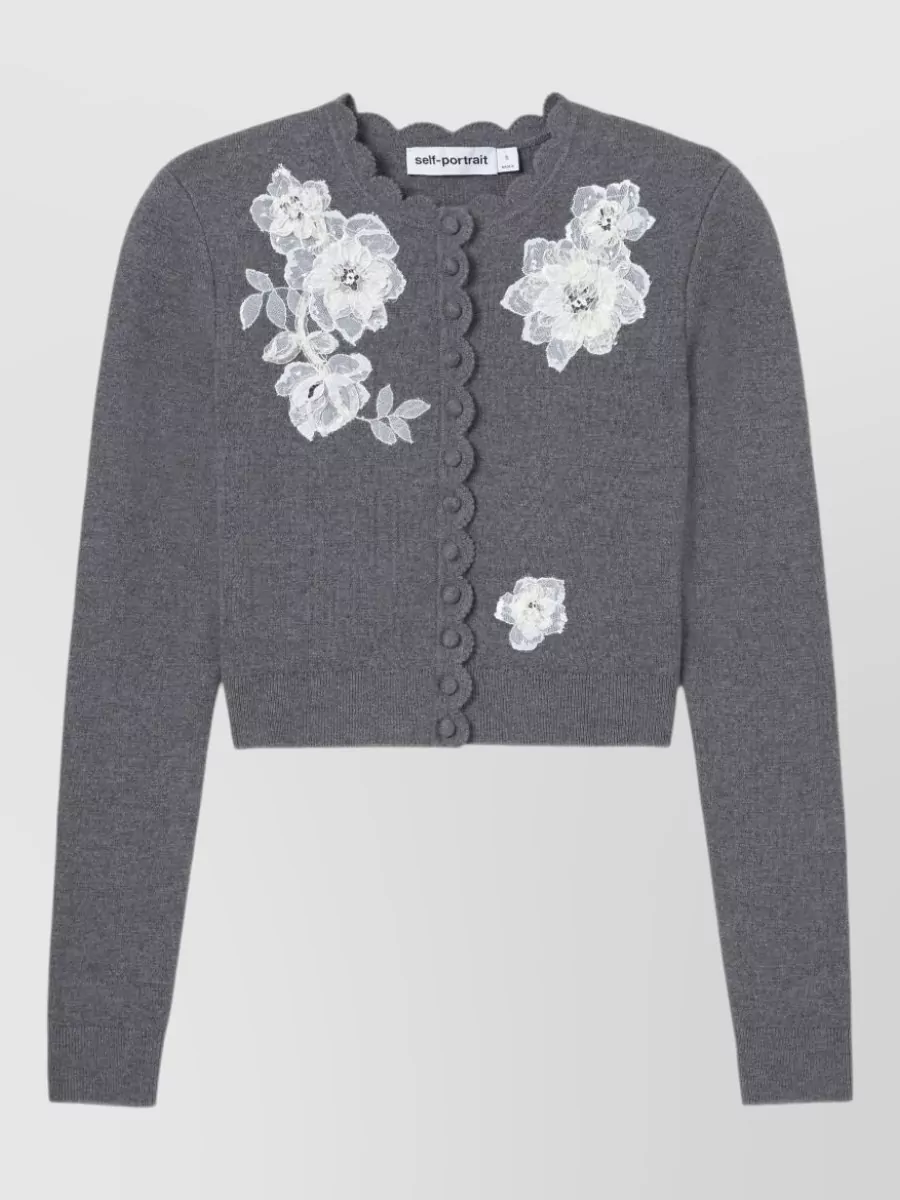 Self-Portrait cashmere blend cropped floral appliqué knit cardigan