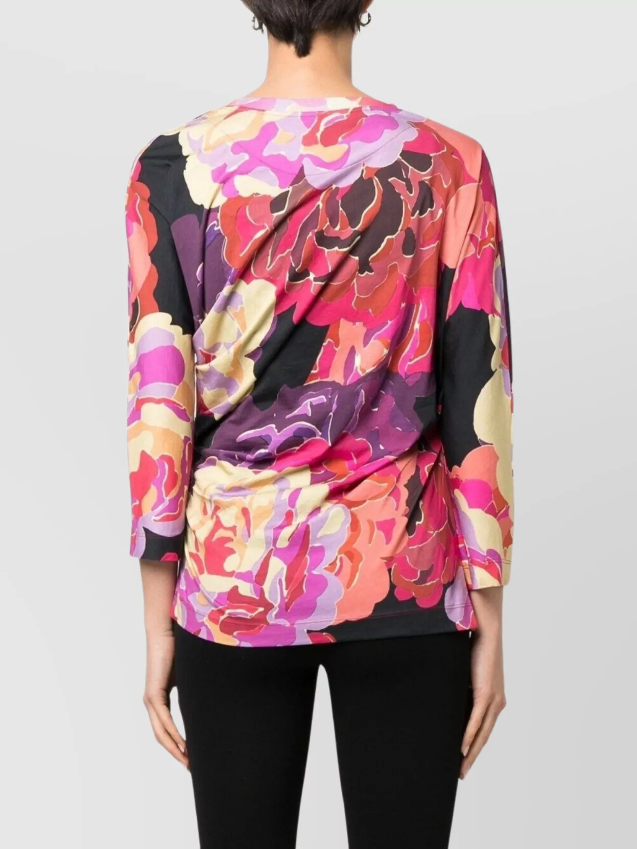 Dries Van Noten Floral Print Stretch Top With 3/4 Sleeves
