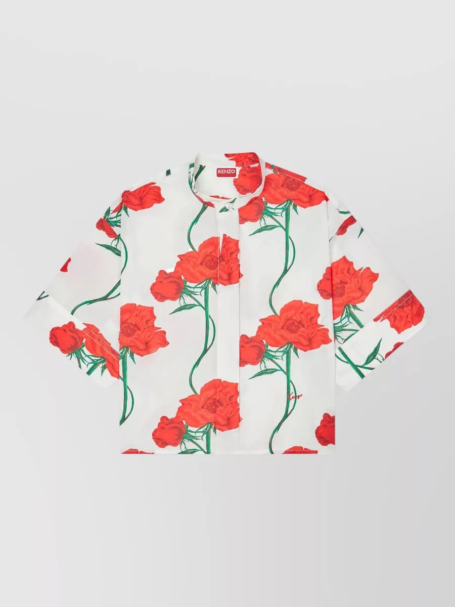 Kenzo Cotton Poplin Short-Sleeve Mandarin-Collar Shirt