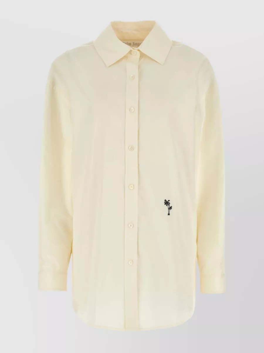 Shop Palm Angels Oversize Cotton Poplin Shirt With Embroidered Palms In Beige