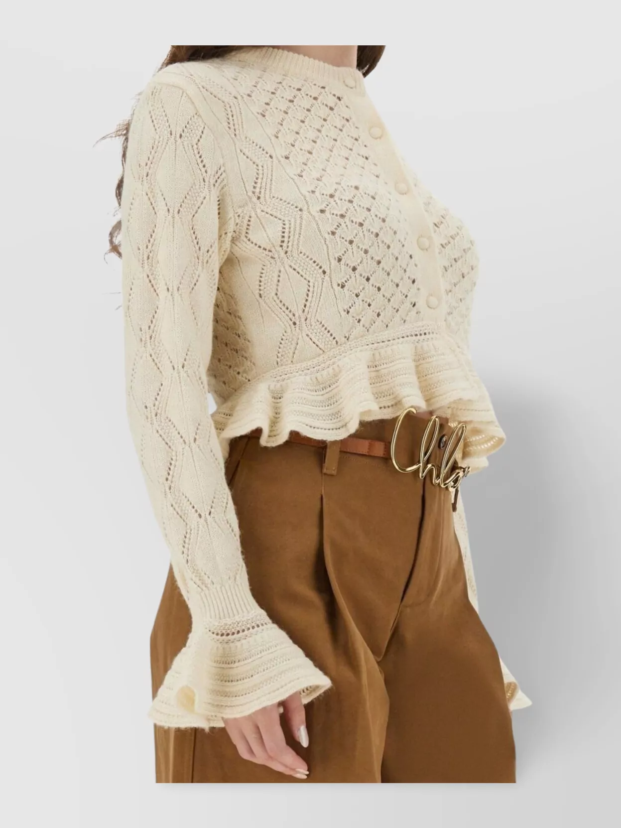 Chloé Textured Knit Cropped Cardigan Ruffles In Brown