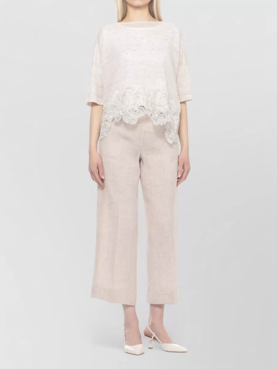 D.exterior Linen Cotton Short-Sleeve Crewneck Blouse