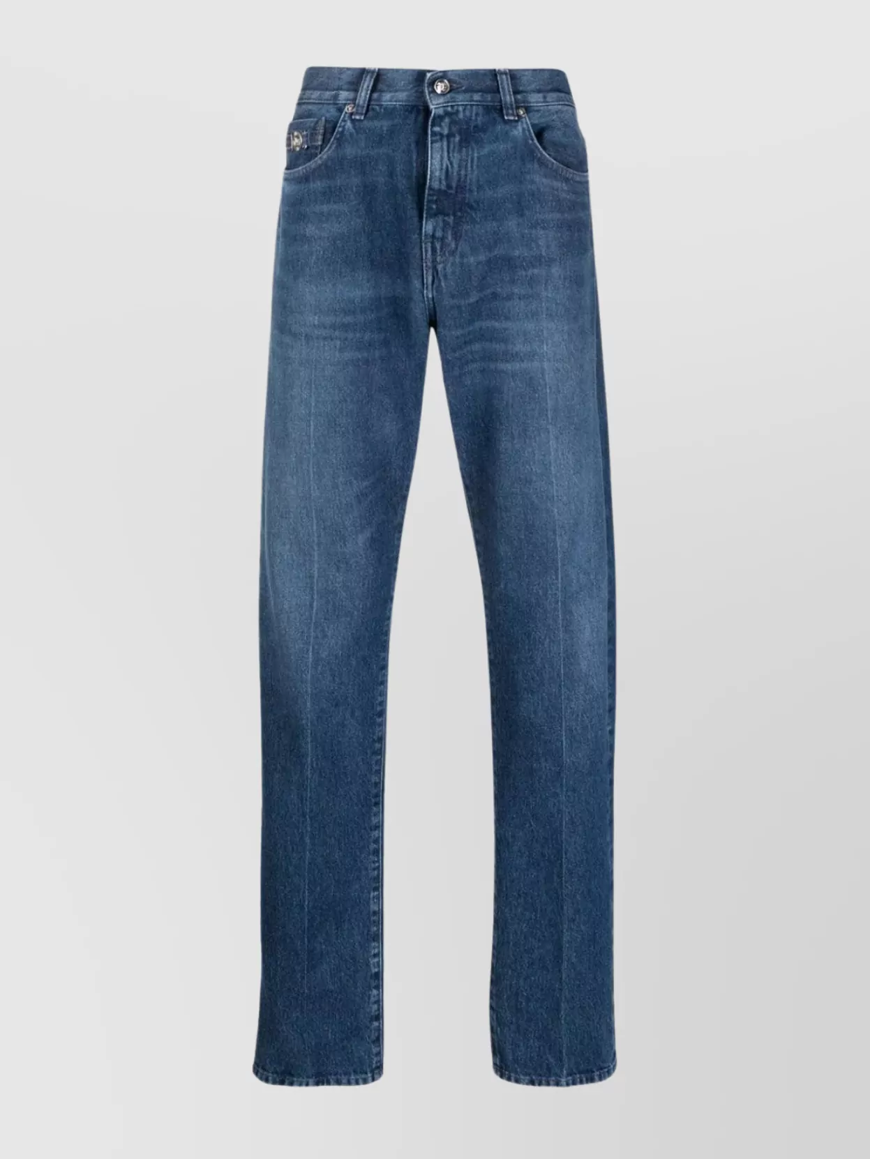 Shop Versace Stitched Fade Denim Trousers In Blue