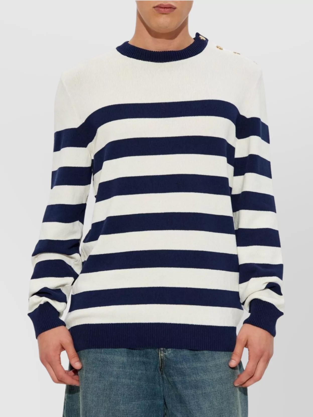 Balmain Striped Crew Neck Long Sleeve Sweater