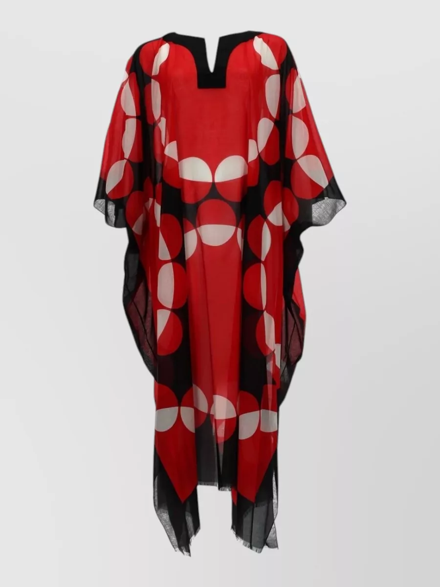 Dries Van Noten Geometric V Neck Loose Sheer Beach Kaftan In Red