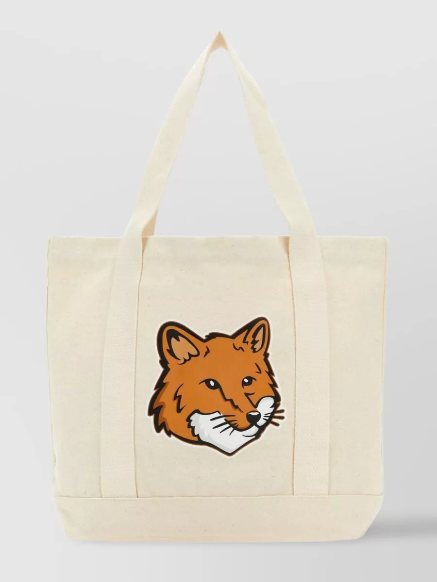 Shop Maison Kitsuné Canvas Fox Head Tote Bag In Beige