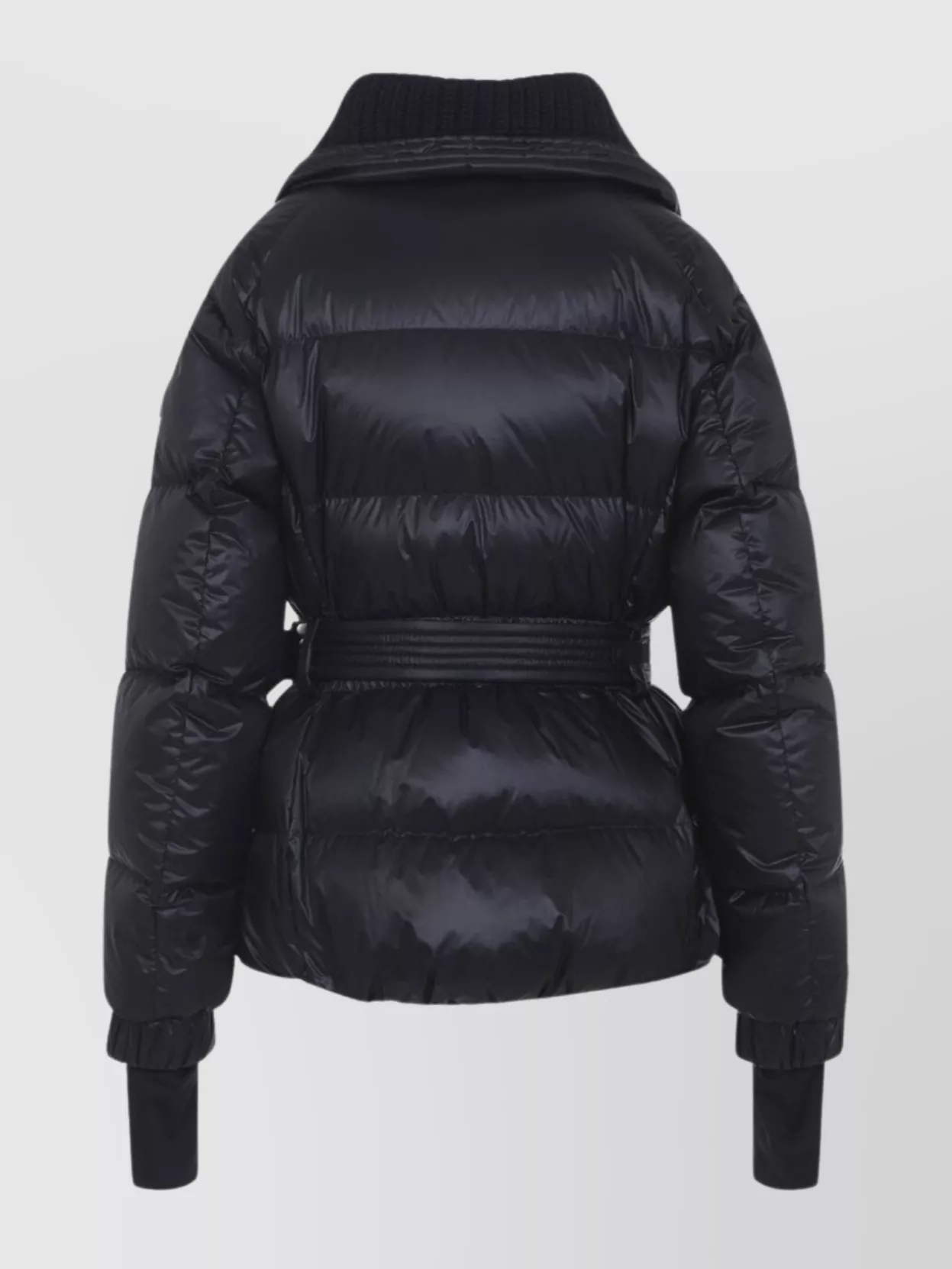 Moncler Puffer Jacket With Belted Waist And High Collar In Blue
