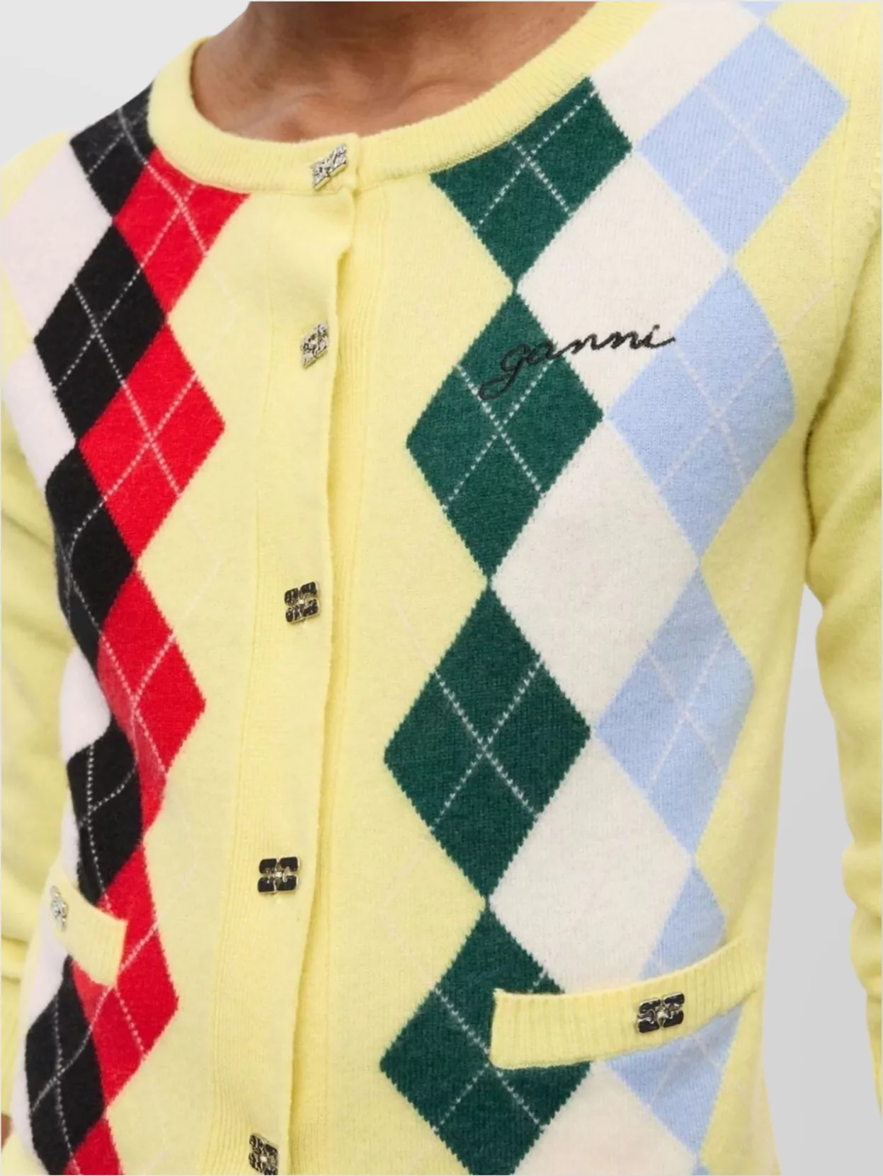 Ganni Knitwear Cardigan With Argyle Pattern And Pockets In Yellow