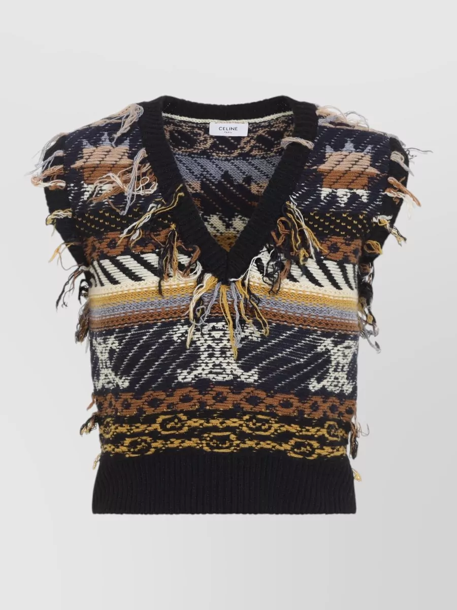 Celine Knitwear v neck sleeveless fringe ribbed hem