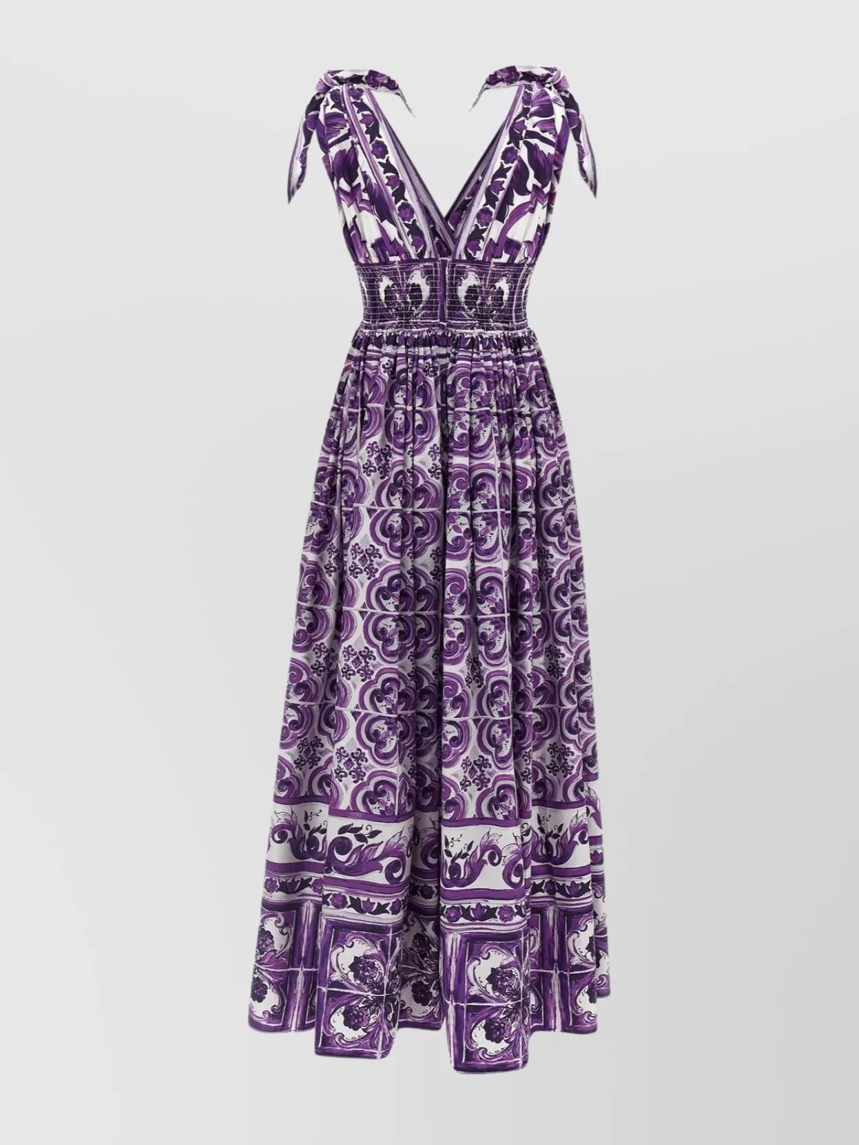 Dolce & Gabbana Smocked V-neck Maxi Dress With Tie Straps In Multi