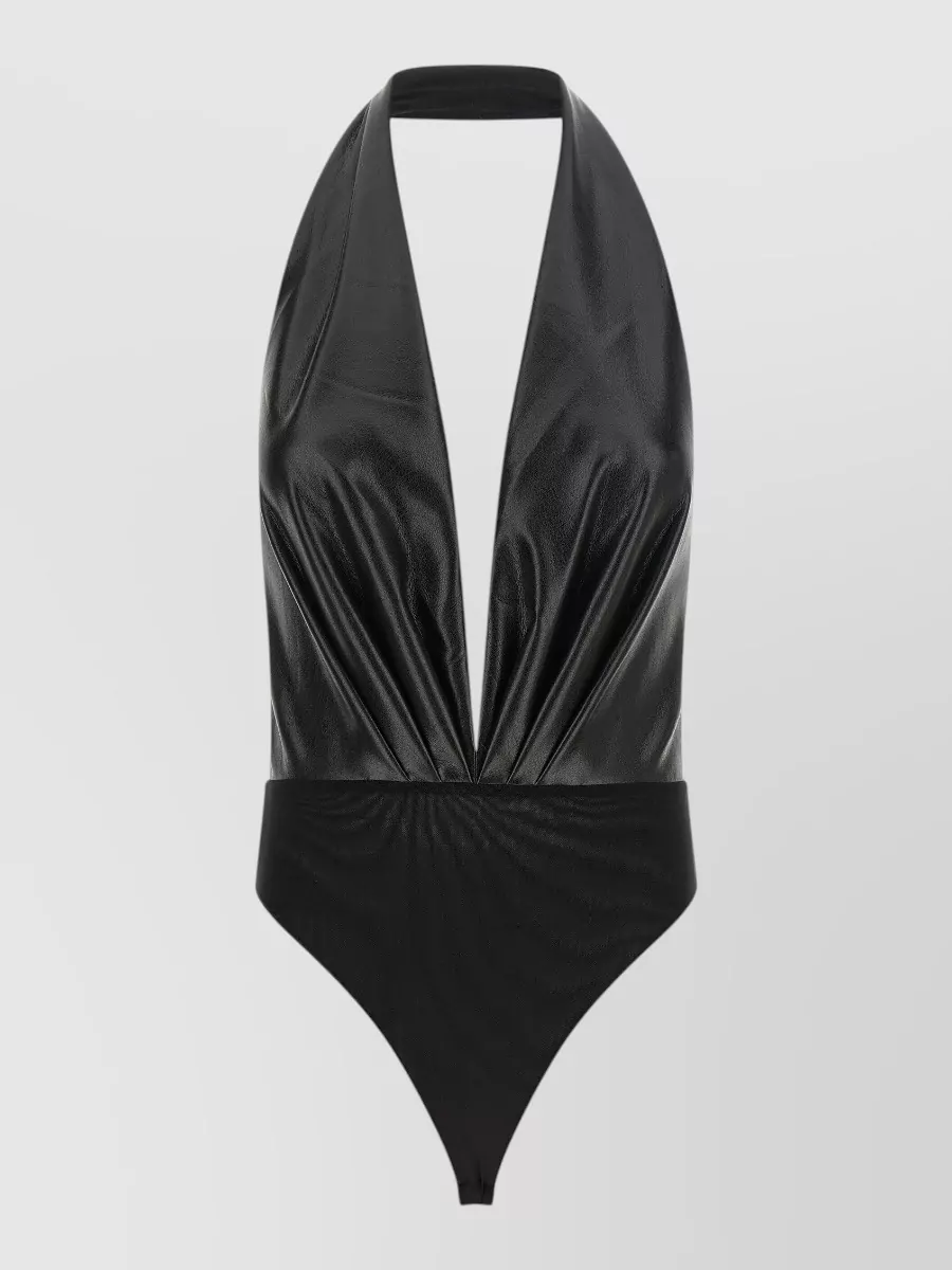 The Andamane leather-effect pleated v-neck bodysuit