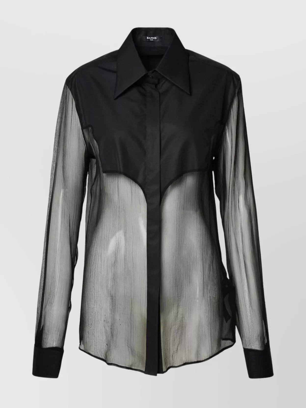 Shop Balmain Sheer Sleeve Silk Shirt Contrast