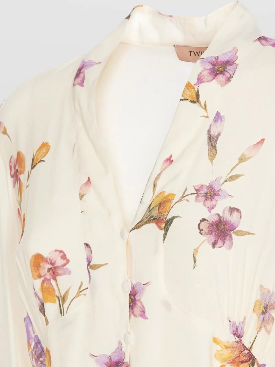 Twin-Set Floral-Print V-Neck Long-Sleeve Midi Dress