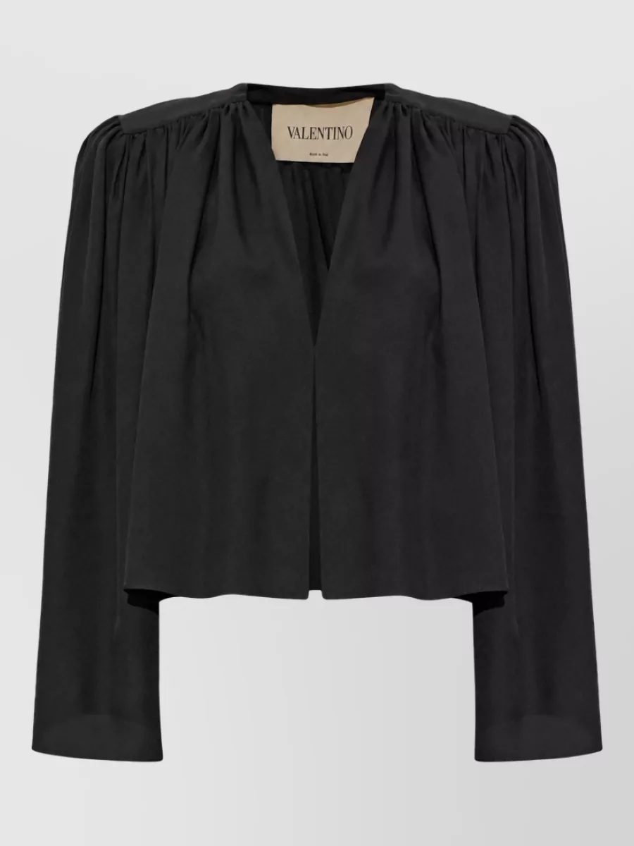 Valentino Silk Gathered Cropped Long-Sleeve Blouse