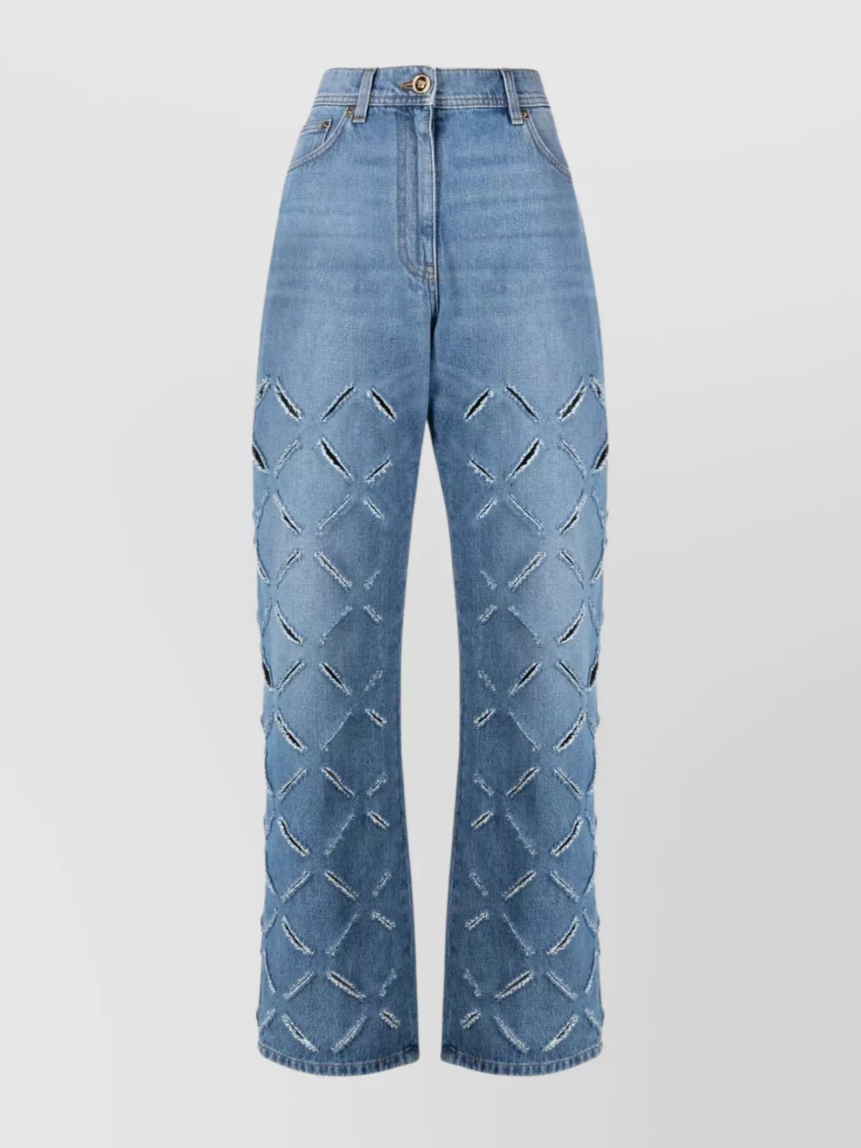 Shop Versace Waistline Straight Leg Trousers In Blue