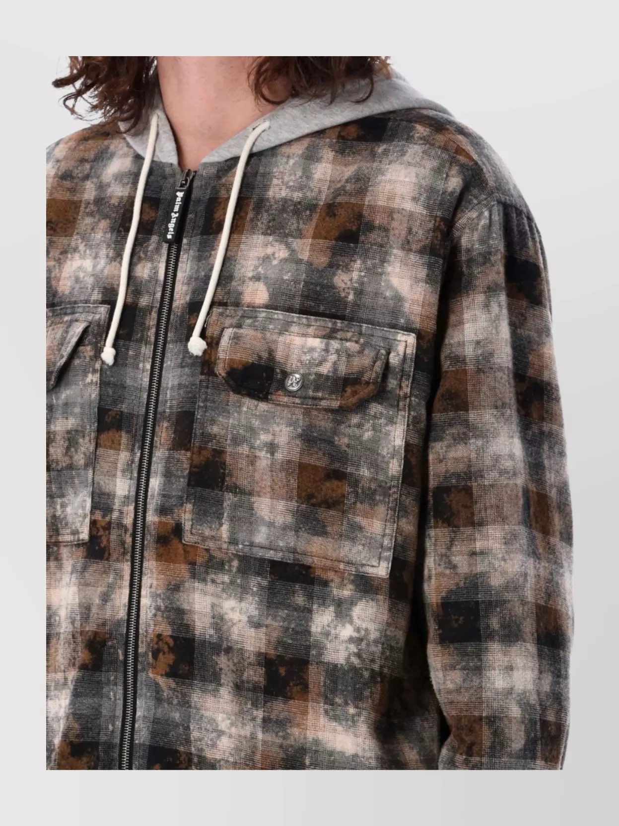 Palm Angels Men's Curved Logo Check Overshirt In Brown