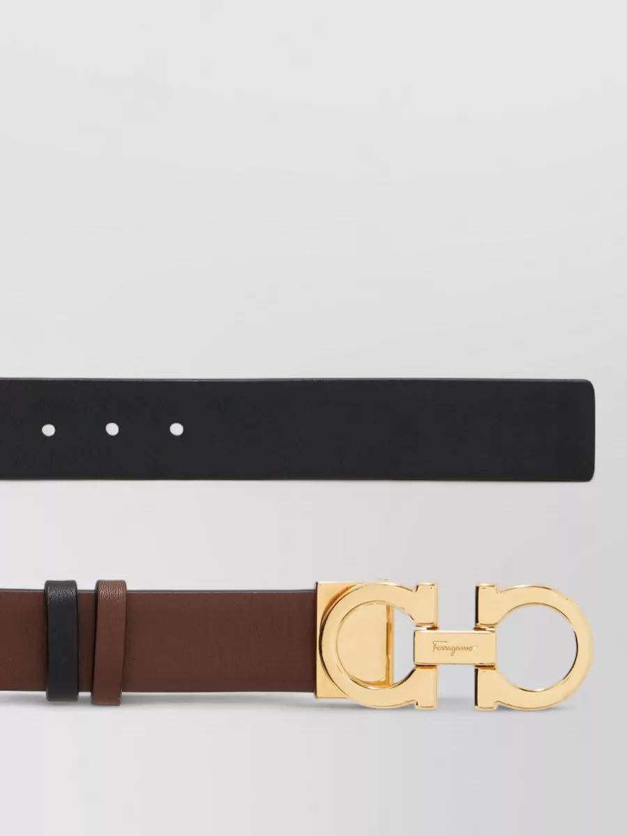 Ferragamo Adjustable Reversible Slim Belt Gancini In Brown