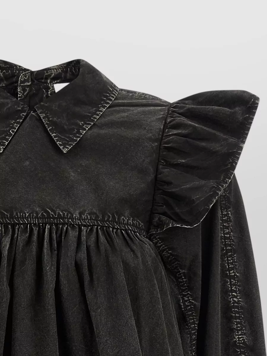 Ganni Washed Blouse Frill Shoulders Pleated Front