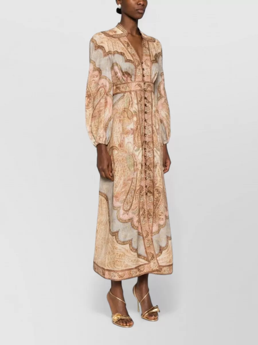 Zimmermann Linen Maxi Dress Paisley Sheer Long Sleeves