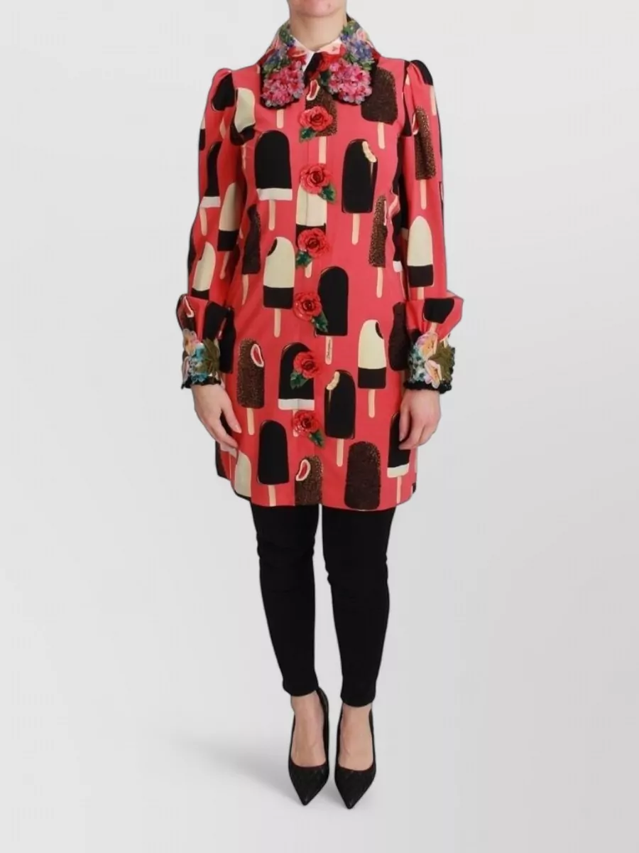 Dolce&Gabbana silk mini dress with ice cream print and 3d floral appliques