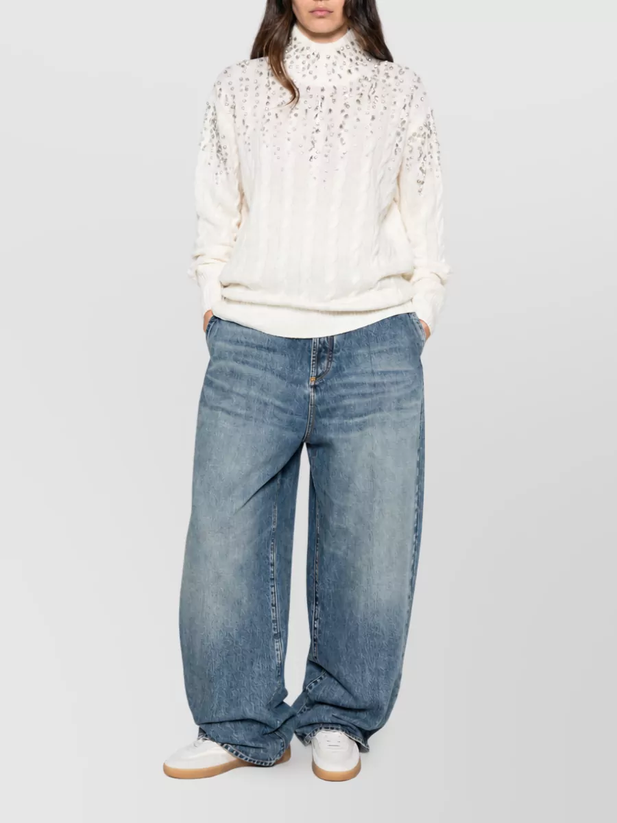 Ermanno Firenze Wool Cashmere Cable Knit Crystal Embellished Mock Neck Sweatshirt