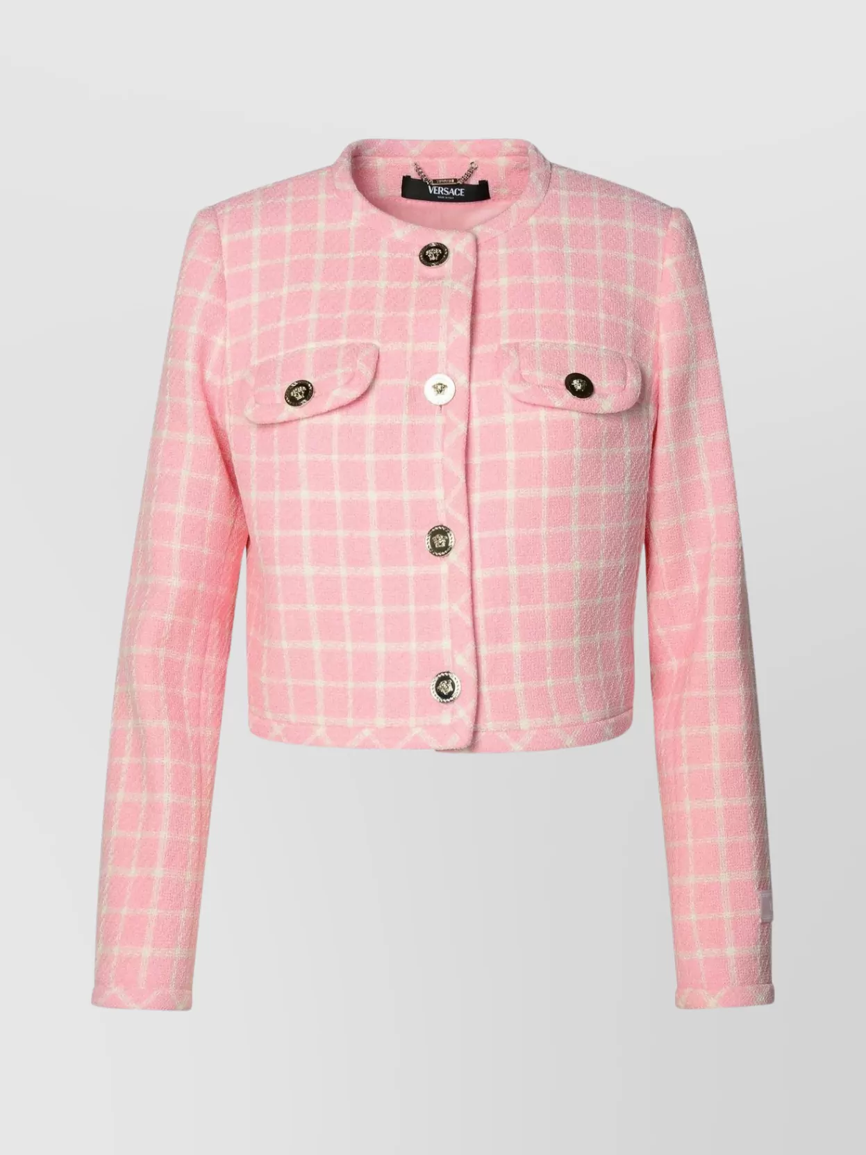 Shop Versace Cropped Checkered Wool Blend Jacket